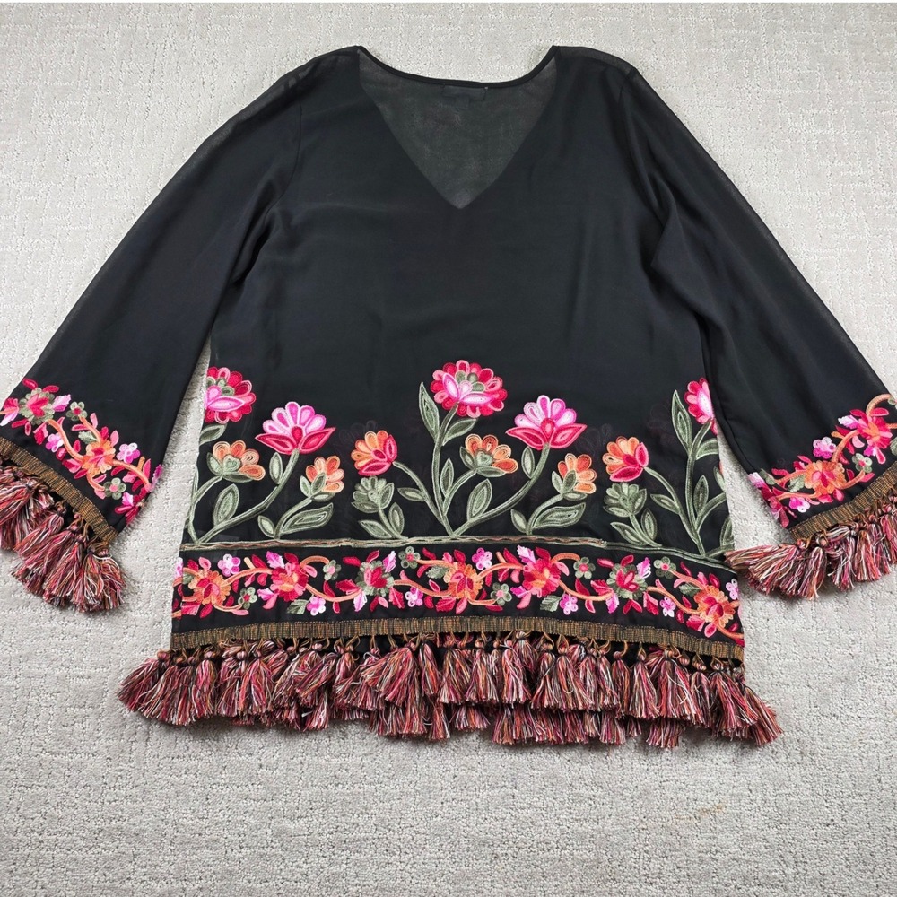 Hilary Radley For Katherine Barclay Black Floral Embroidered Tassel Blouse XL - Picture 6 of 10